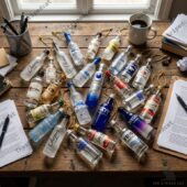 Collection of miniature vodka bottle ornaments on a wooden desk