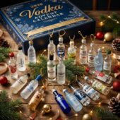 2026 Vodka Advent Calendar with miniature spirit bottles on a festive wooden table.