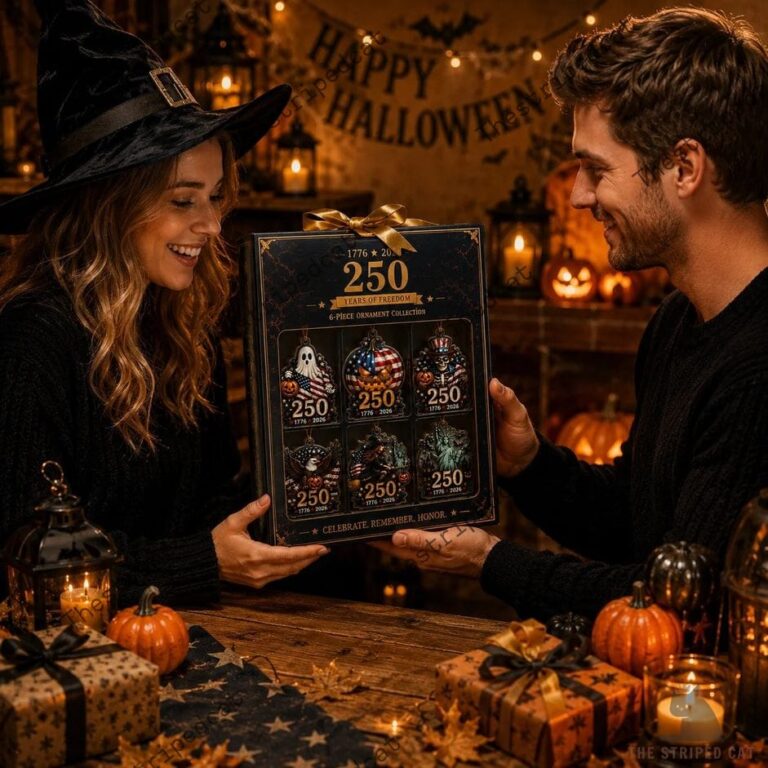 250th Anniversary Halloween Ornament Set 3 A couple holding a 250 years of freedom 6-piece ornament collection box set in a festive Halloween setting.