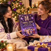 Two women holding an ARMY 2026 World Tour Advent Calendar in front of a decorated Christmas tree.