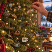 A hand hanging fishing-themed Christmas tree ornaments on a decorated pine tree.