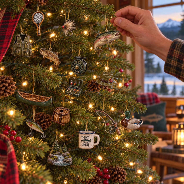 A hand hanging fishing-themed Christmas tree ornaments on a decorated pine tree.