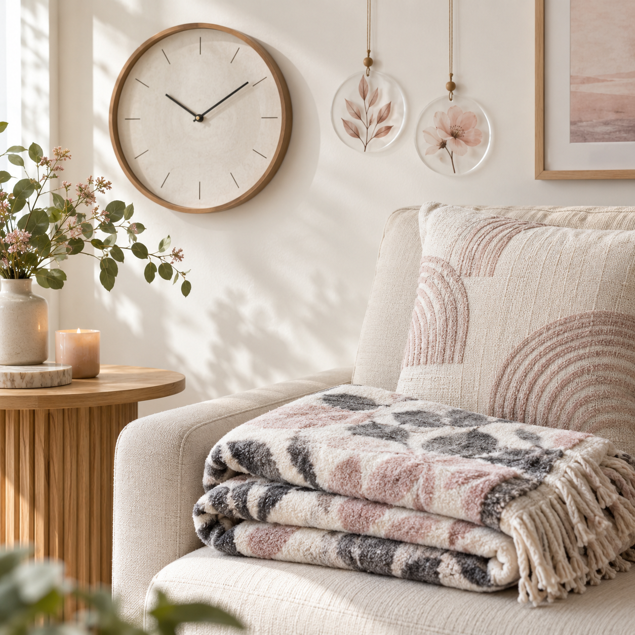 Cozy living room corner with patterned throw blanket and accent pillow