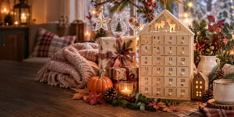 Wooden advent calendar with holiday gifts and seasonal decor on a rustic table
