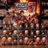 A young man holds an Attack on Titan advent calendar featuring miniature character figures displayed on tiered acrylic stands.
