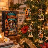 Tropical Halloween advent calendar and skeleton ornaments from TheStripedcat