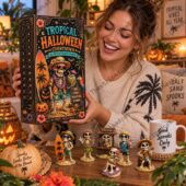 Tropical Halloween advent calendar by TheStripedcat featuring skeleton figures and a mug.