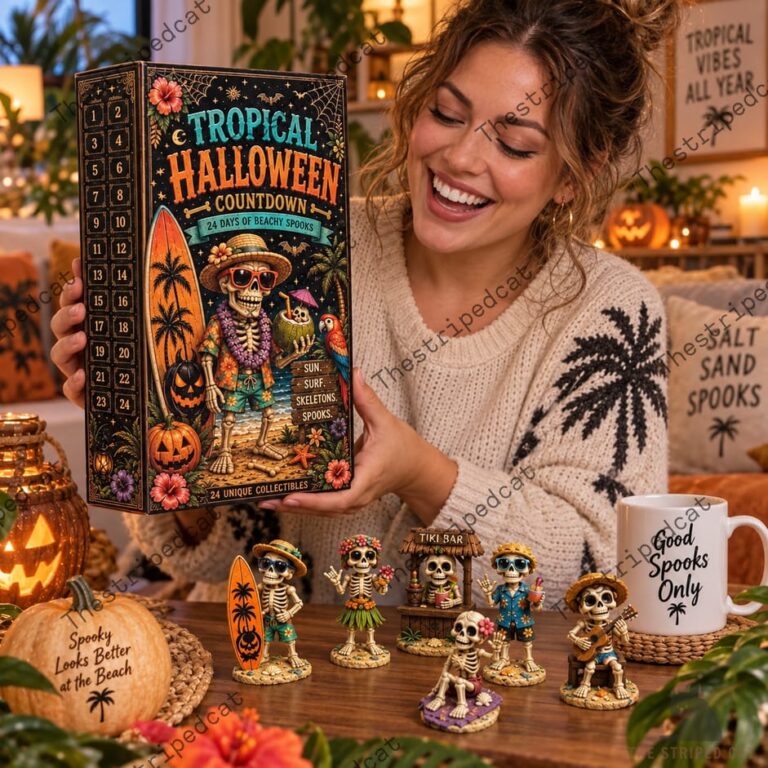 Tropical Halloween advent calendar by TheStripedcat featuring skeleton figures and a mug.