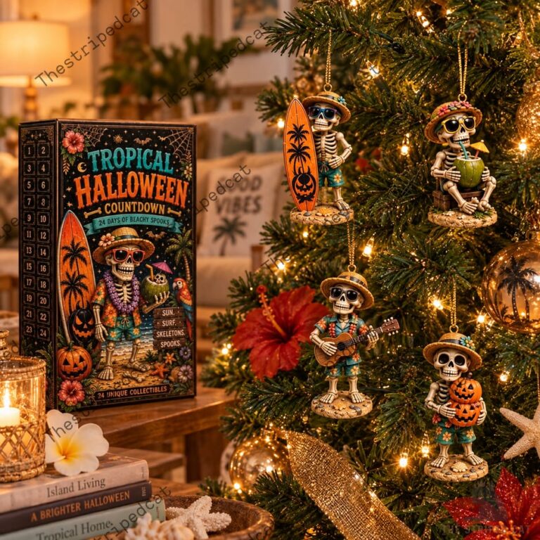 Tropical Halloween advent calendar and skeleton ornaments from TheStripedcat