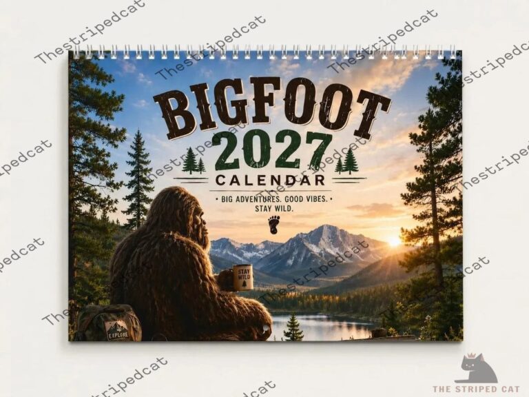 2027 Bigfoot-themed wall calendar featuring a landscape scene at TheStripedcat