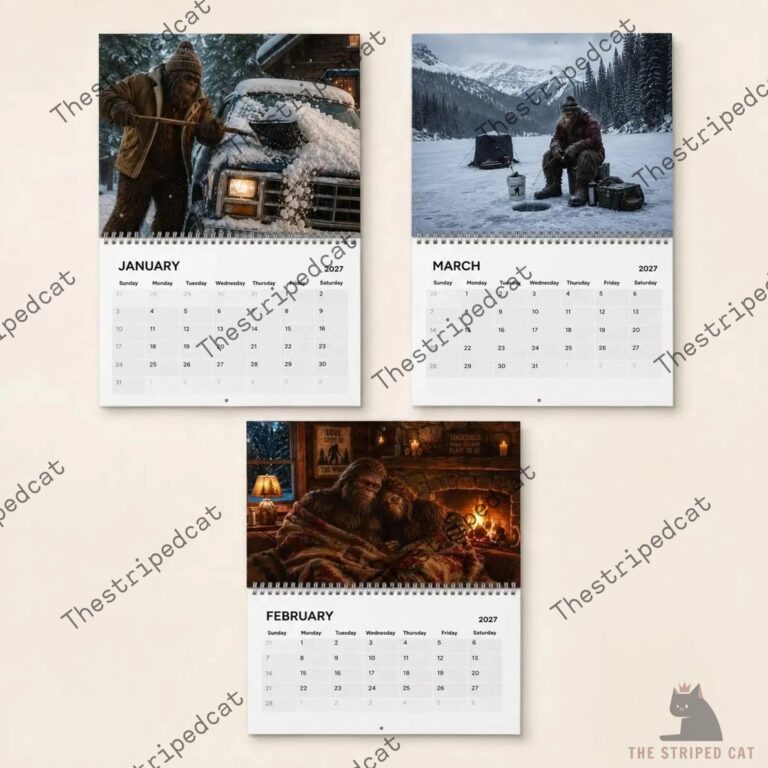 2027 calendar featuring Bigfoot in snowy and cabin settings from TheStripedcat