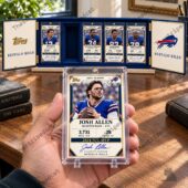 Buffalo Bills Football Card Collector’s Box Set 1 Hand holding a graded 2024 Josh Allen Buffalo Bills Topps football card with a display box of team legends in the background.
