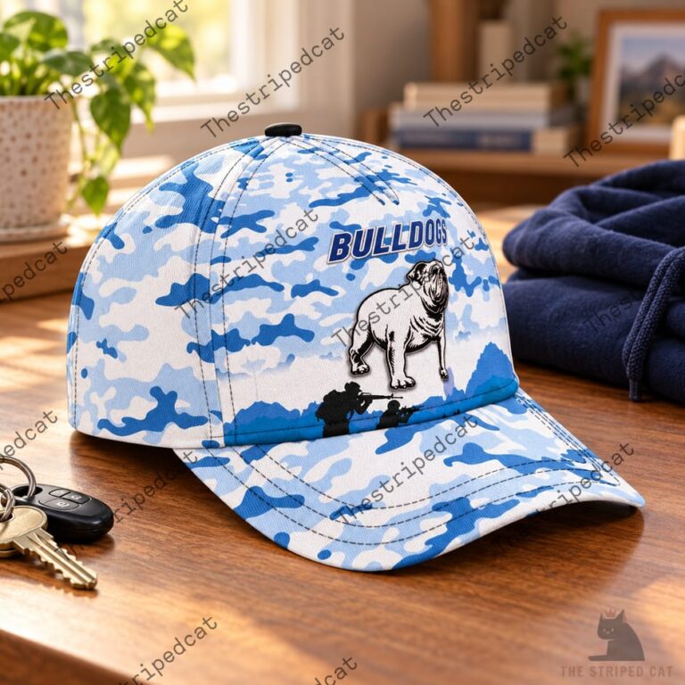 Blue camouflage baseball cap with bulldog and military design from TheStripedcat