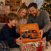 Campervan 24 Day Of Surprises 2026 Advent Calendar 2 Family opening a Campervan 2026 advent calendar in a festive living room