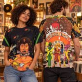 Cosmic Slop Funkadelic Shirt 1 Two people wearing graphic t-shirts with psychedelic cosmic artwork