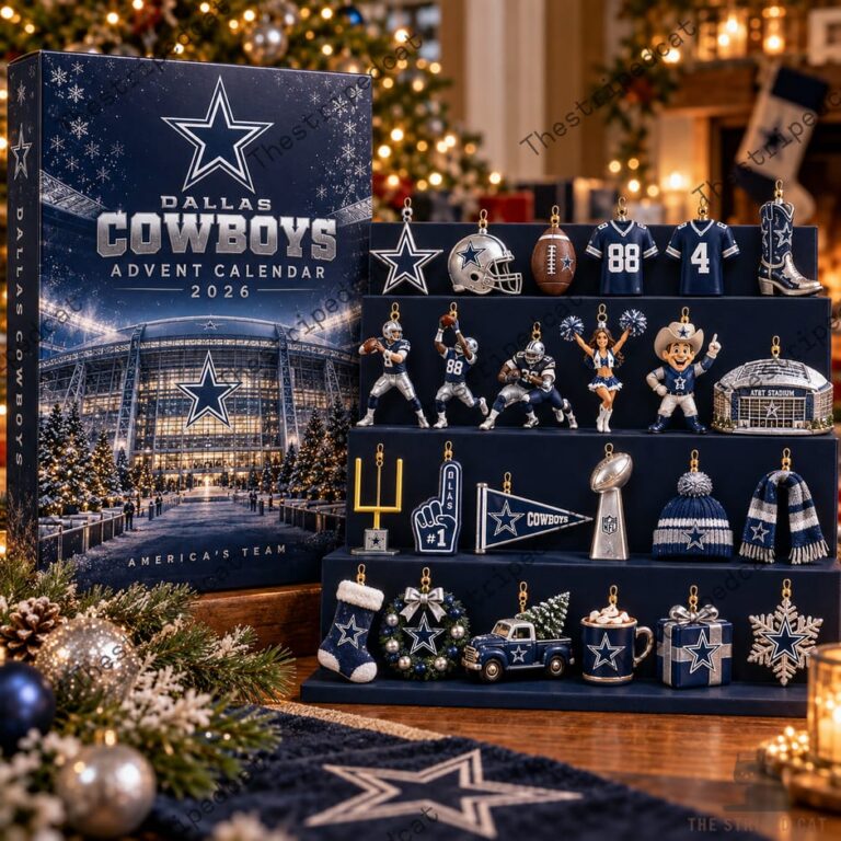 Dallas Cowboys 2026 advent calendar featuring team-themed holiday ornaments from TheStripedcat