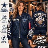 Woman wearing a Dallas Cowboys blue leather MA-1 bomber jacket
