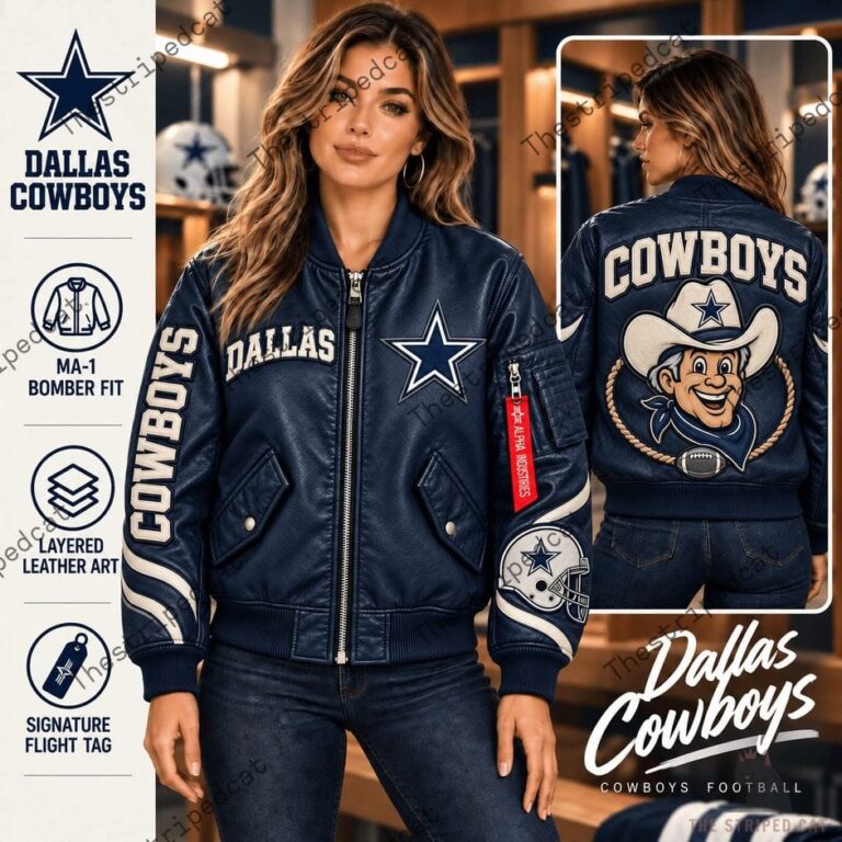 Dallas Cowboys Football Bomber Leather Jacket 3 Woman wearing a Dallas Cowboys blue leather MA-1 bomber jacket