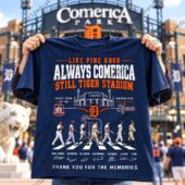 Navy blue Detroit Tigers tribute t-shirt featuring legendary players and Comerica Park graphics.