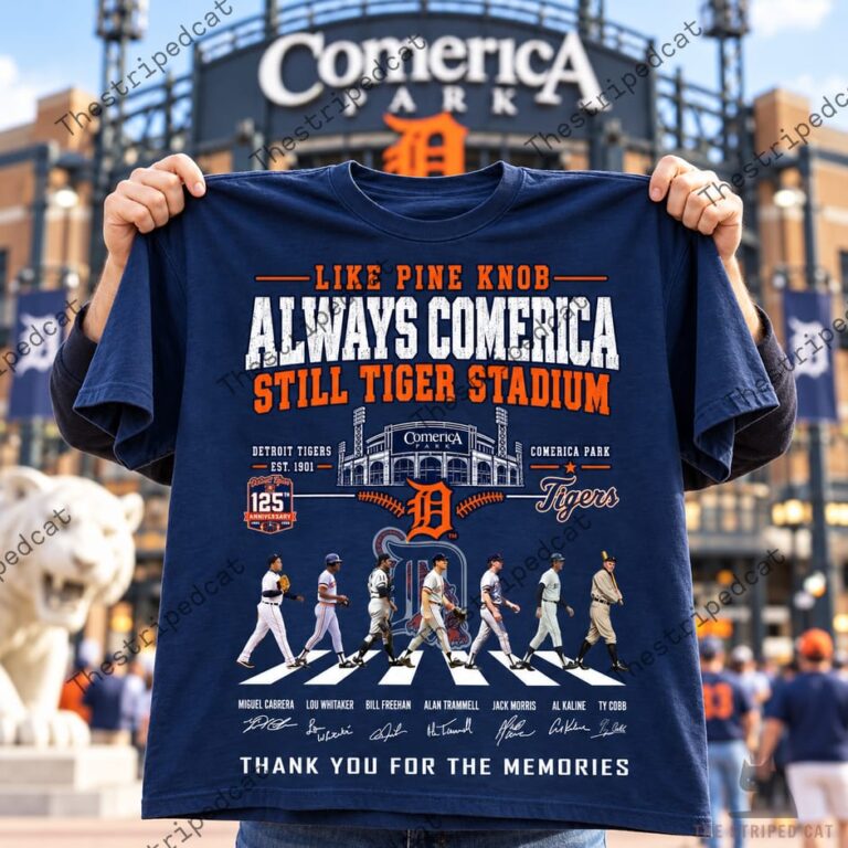 Navy blue Detroit Tigers tribute t-shirt featuring legendary players and Comerica Park graphics.