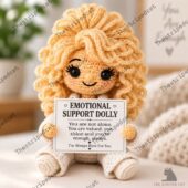 Dolly Country Music Queen Emotional Support Doll 1 Handmade crochet emotional support doll with curly hair holding an encouraging message card.