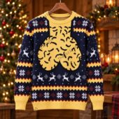 Navy blue and yellow Christmas sweater with a brain pattern from TheStripedcat