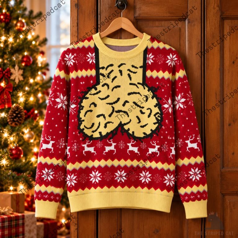 Red festive holiday sweater with a humorous gold graphic from TheStripedcat