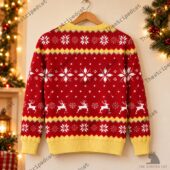 Red festive holiday sweater with white reindeer and snowflake patterns from TheStripedcat