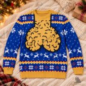 Blue and yellow Christmas sweater with a brain graphic by TheStripedcat