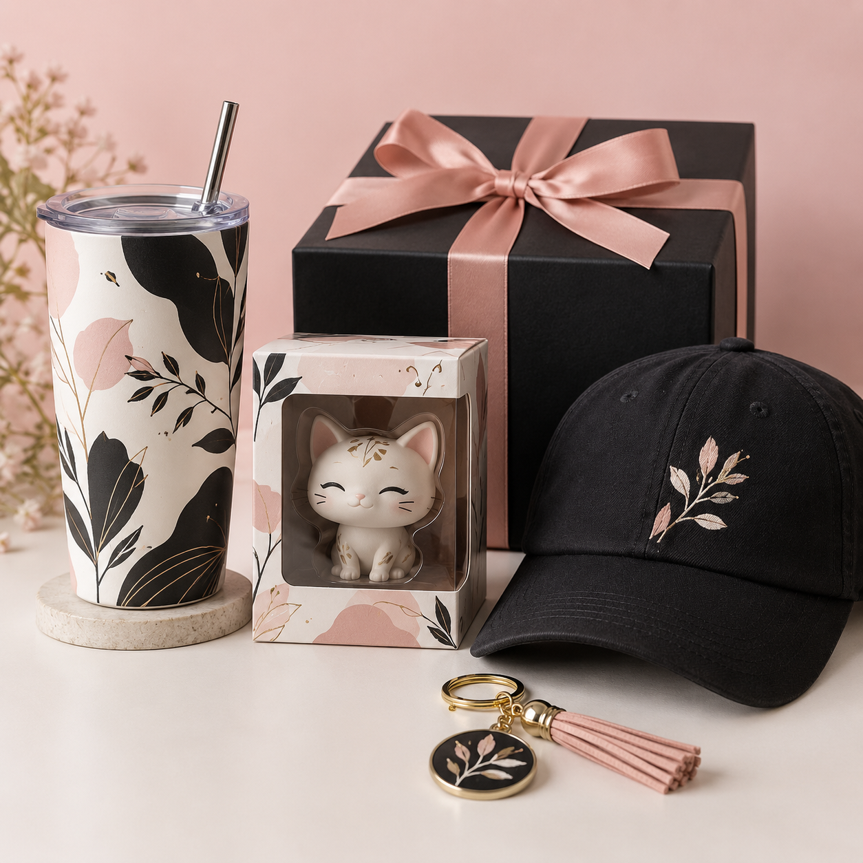 Satisfieddrinkware gift set with tumbler, cat figurine, and cap