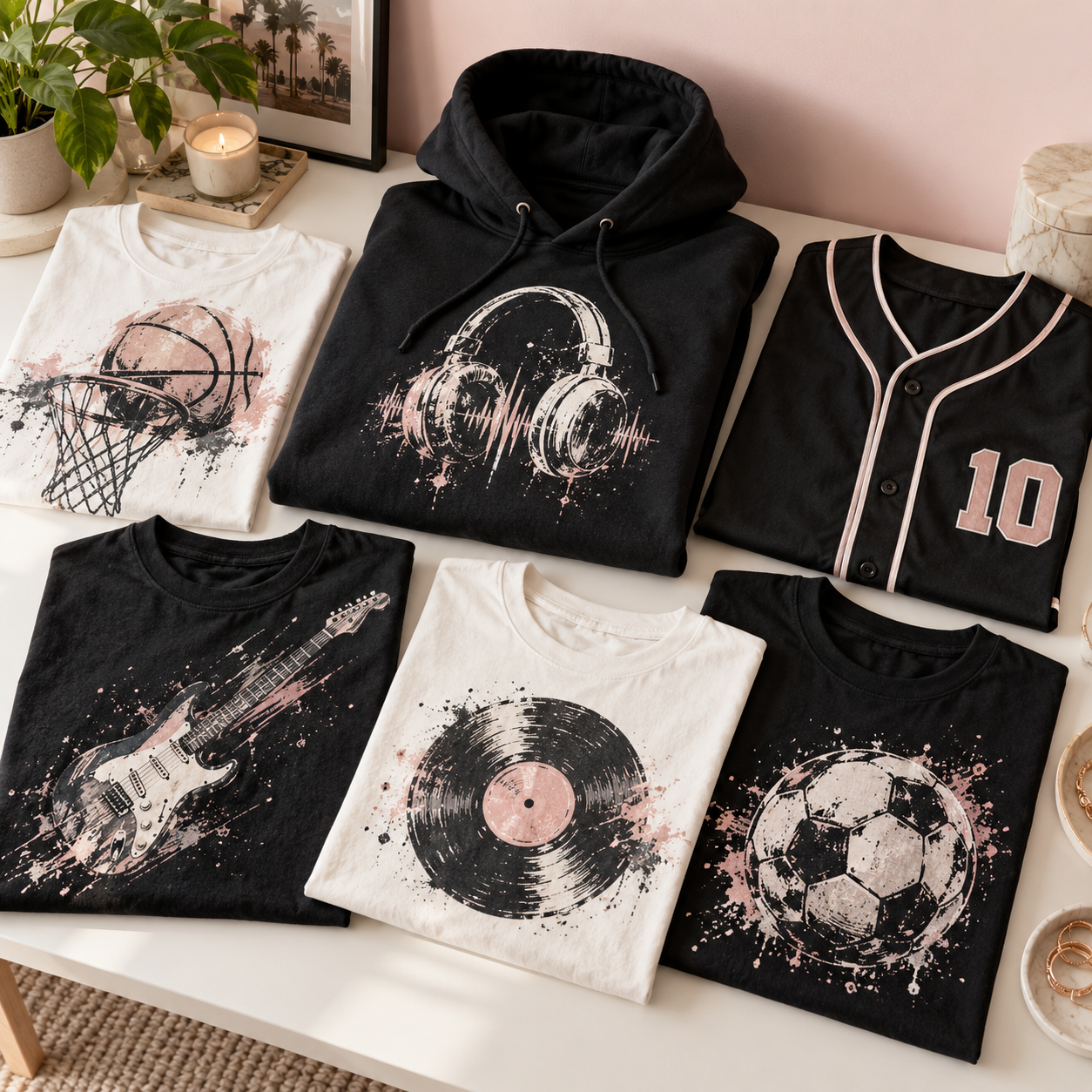 A collection of music and sports themed apparel from Satisfieddrinkware including hoodies, t-shirts, and a jersey.