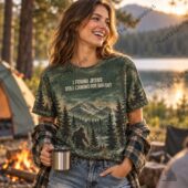I Found Jesus Still Looking For Bigfoot Shirt 1 Woman wearing a forest-themed Bigfoot t-shirt while holding a metal mug.