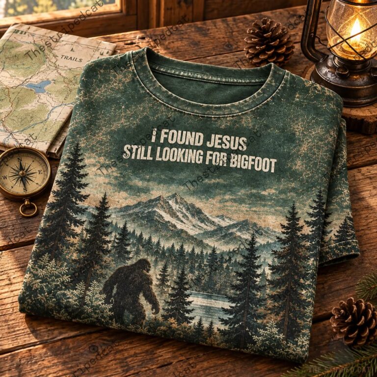 I Found Jesus Still Looking For Bigfoot Shirt 4 Green crewneck sweatshirt featuring a mountain landscape and text about Bigfoot