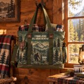 Canvas tote bag with Bigfoot forest print and I Found Jesus text by TheStripedcat