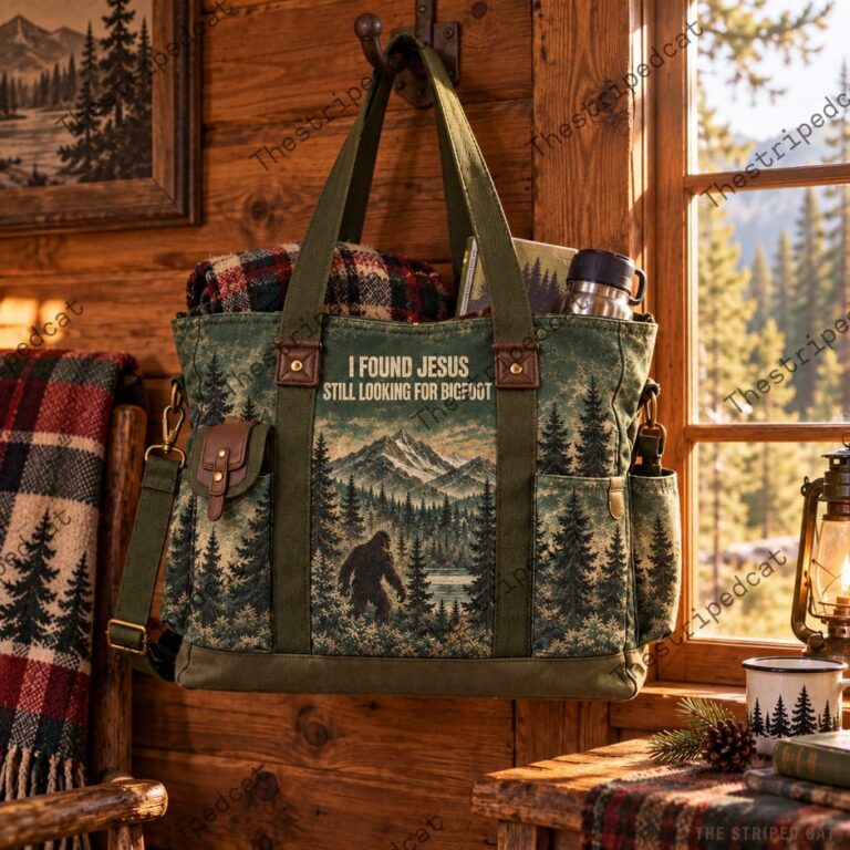 Canvas tote bag with Bigfoot forest print and I Found Jesus text by TheStripedcat