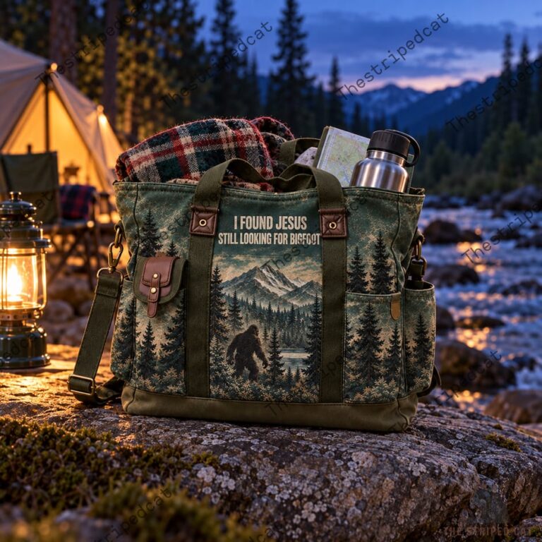 Canvas tote bag with Bigfoot wilderness print by TheStripedcat