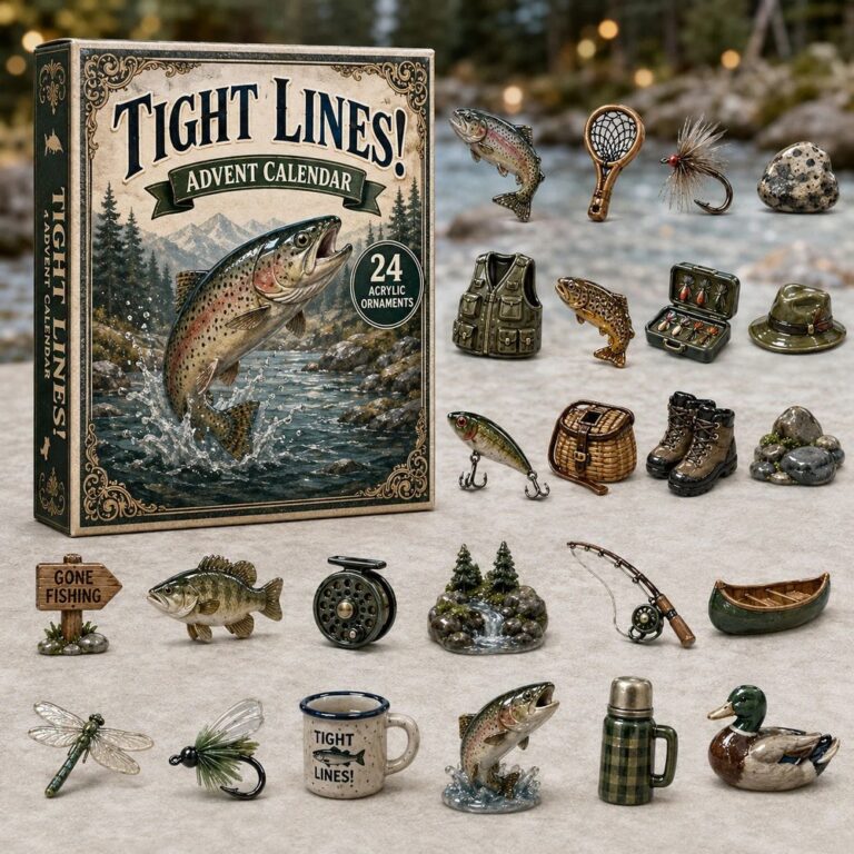 Tight Lines fishing themed advent calendar with 24 acrylic ornament collectibles