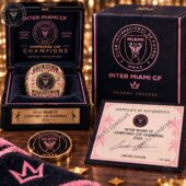 Inter Miami CF Campeones Cup Champions Ring 2 Inter Miami CF Campeones Cup 2024 commemorative ring in display case with certificate of authenticity.