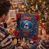 Jaws Collector’s Edition 2026 Advent Calendar 1 Person opening a Jaws movie themed 2026 advent calendar next to a Christmas tree.