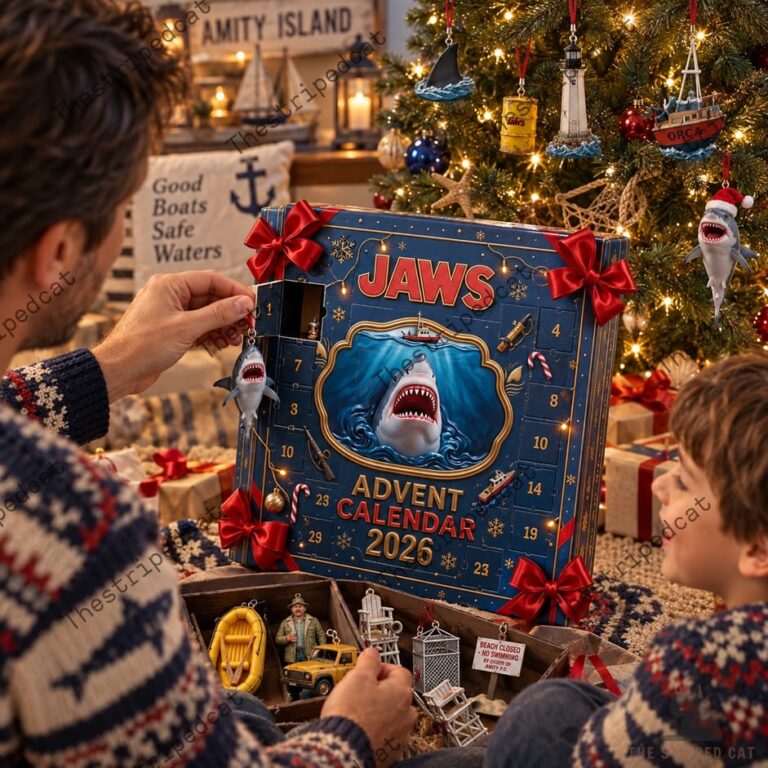 Jaws Collector’s Edition 2026 Advent Calendar 5 Person opening a Jaws movie themed 2026 advent calendar next to a Christmas tree.