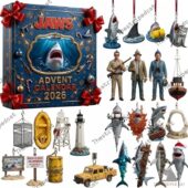 Jaws Collector’s Edition 2026 Advent Calendar 3 Jaws 2026 advent calendar with iconic movie characters and shark ornaments from Satisfieddrinkware.
