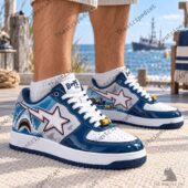BAPE STA shark design sneakers in blue and white with ocean-themed details.