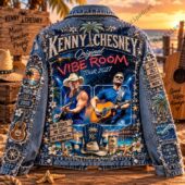 Custom embellished denim jacket featuring Kenny Chesney Vibe Room 2027 tour graphics.