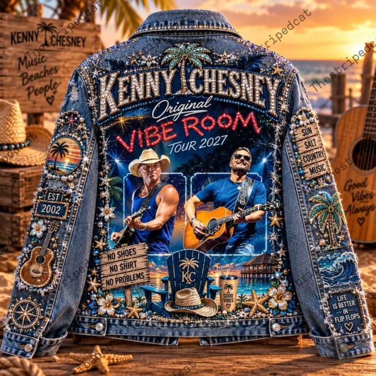 Custom embellished denim jacket featuring Kenny Chesney Vibe Room 2027 tour graphics.