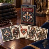 Knights of Columbus themed playing cards with custom deck box and illustrated faces.