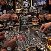 Las Vegas Raiders Playing Card Box Set 2 Las Vegas Raiders themed playing cards on a poker table