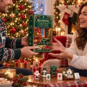 Mahjong Christmas 2026 Advent Calendar 2 A couple holding a Mahjong Christmas Game Night advent calendar box in front of a holiday tree.