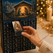 Nativity Story 2026 Advent Calendar 2 A person opening a drawer of a blue wooden Nativity advent calendar from TheStripedcat.