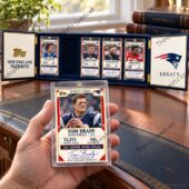 New England Patriots commemorative trading card set featuring Tom Brady held in hand