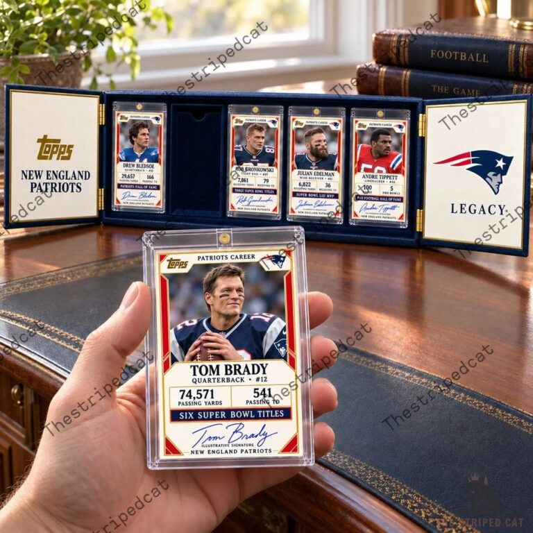 New England Patriots commemorative trading card set featuring Tom Brady held in hand